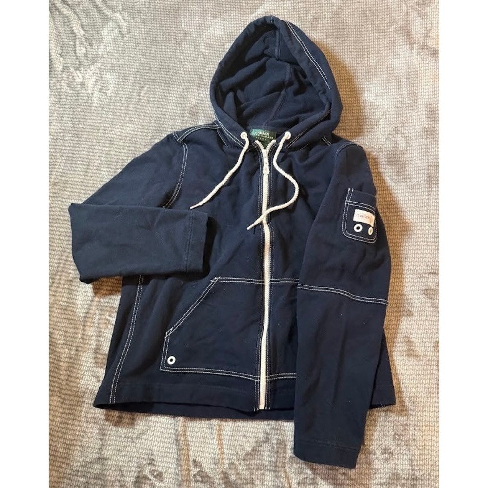 Lauren‎ Ralph Lauren Petite Navy Blue Contrast Stitch Full Zip Hoodie PS Small